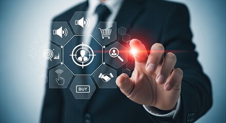 Asian Businessman touches Virtual Screen with Shopping and Target Icons Displaying