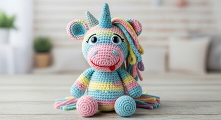Adorable handmade crochet unicorn toy with rainbow colors, sitting on a wooden surface. Cute and whimsical.