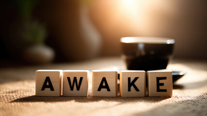 AWAKE wooden block letter morning sunlight warm cozy atmosphere coffee cup motivation inspiration positive energy relaxation peaceful focus