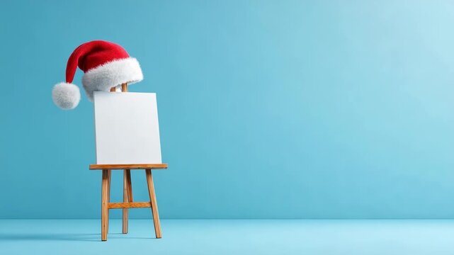 Blank white canvas on a wooden easel with a Santa hat perched on top against a blue background.