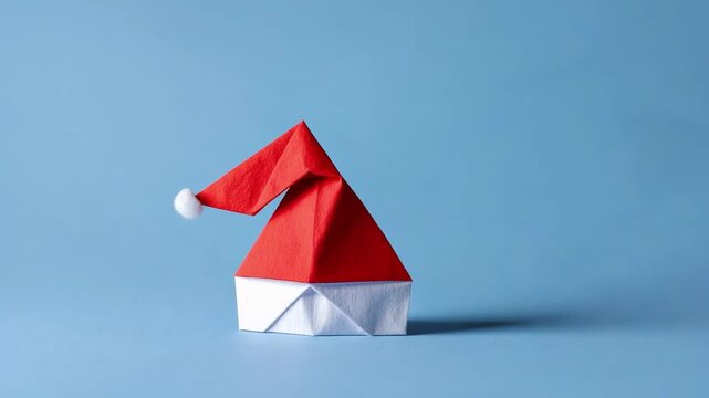A red origami Santa hat with a white brim and pom-pom sits on a blue background.