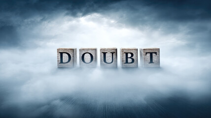 Doubt, uncertainty, question, confusion, hesitation concept wooden blocks foggy, moody atmosphere, symbolizing emotional struggle introspection