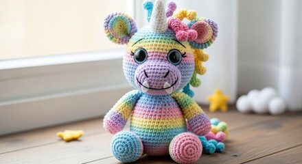 Whimsical rainbow crocheted unicorn plushie with big sparkling eyes, a magical and colorful handmade toy for kids.