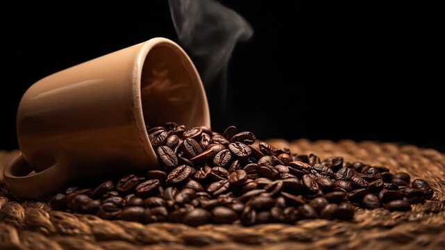 A steaming cup spills roasted coffee beans onto a textured surface, creating an inviting coffee scene