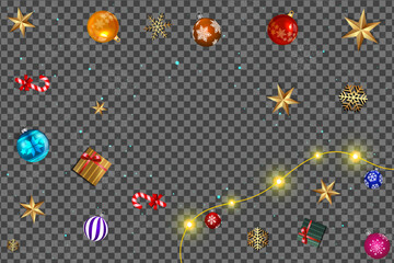 Christmas ornaments stars gifts and snowflakes are scattered across a transparent patterned background