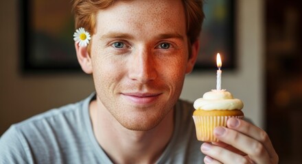 Happy young man with freckles and a daisy, holding a lit birthday cupcake, celebrating a special moment.