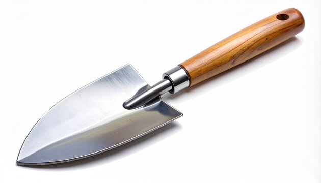 Classic garden trowel with scoop-shaped metal blade and wooden handle for gardening editorial agricultural branding and horticulture-themed visual content