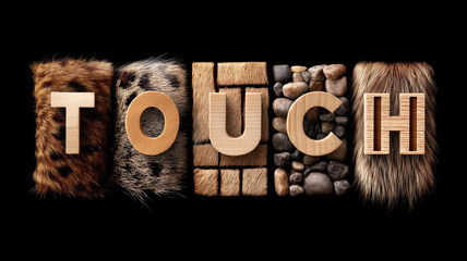 Touch, wood, fur, stone, animal skin textures create tactile word design, evoking sensory curiosity natural material diversity black background