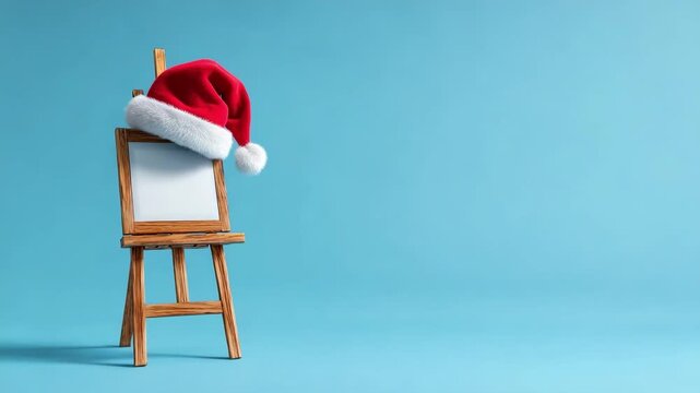 A wooden easel with a blank canvas and a Santa hat on top, set against a blue background.