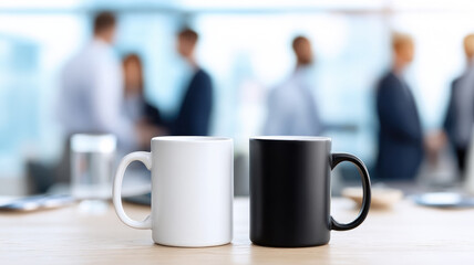 Two coffee mugs, white black, sit side side wooden desk modern office, blurred business people suits background, creating professional atmosphere