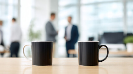 Two coffee mug, black white, sit side side wooden desk modern office, blurred business people background, teamwork, morning, relaxed atmosphere