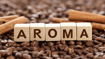 Aroma wooden blocks surrounded roasted coffee bean cinnamon stick, creating warm, inviting, cozy atmosphere perfect coffee lovers relaxation