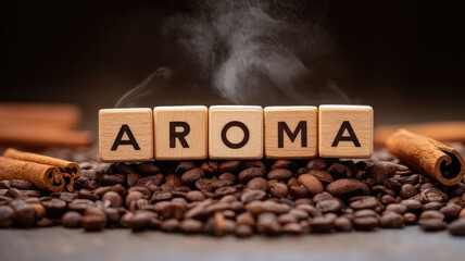 Aroma coffee bean cinnamon wooden block steam brown roasted fragrant warm cozy atmosphere relaxation inviting scent concept