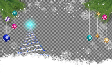Festive winter features tree branches, ornaments, and snow, with transparent background