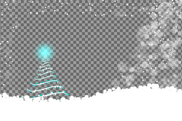 Christmas tree radiates light against a wintry background with falling snow and snowflakes over transparent backdrop