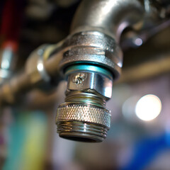 Close-up of a Shiny Metal Faucet Connection with Visible Threads and a Textured Nut, Showing Plumbing Details and Craftsmanship in a Detailed Macro Shot