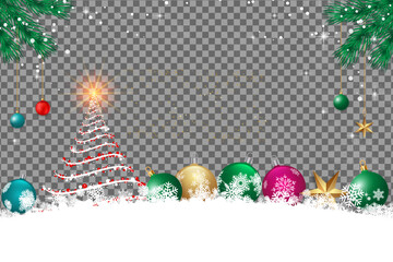 Christmas features shiny ornaments, white snow, a sparkling tree, and a transparent background