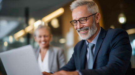 Businessman with laptop and notepad on desk presenting innovative ideas and strategies with female colleague in office setting business presentation moment strategy discussion