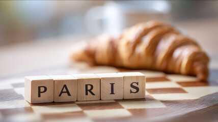 Paris wooden blocks croissant cafe table breakfast French morning cozy pastry blurred background inviting atmosphere