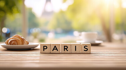 Wooden blocks spelling PARIS cafe table croissant, coffee cup, sunlight, evoking relaxed morning atmosphere outdoor French setting