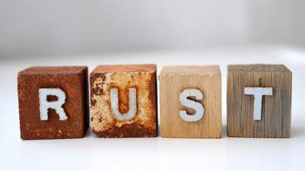 Rust corroded orange wooden block letter texture decay aged surface spelling out rust corroded orange wooden blocks showing texture decay isolated white background