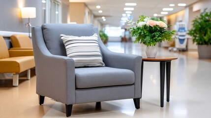 Empty armchair in modern hospital waiting room