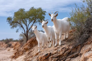 Obraz premium Three white goats standing on a rocky hill