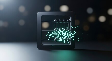 Digital abacus with glowing green pixels, symbolizing data processing, financial technology, and computational evolution.