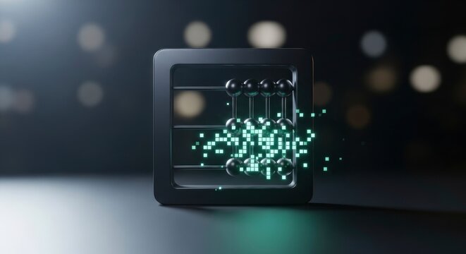 Digital abacus with glowing green pixels, symbolizing data processing, financial technology, and computational evolution.