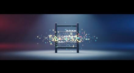 Abstract digital abacus with glowing data pixels, symbolizing the fusion of traditional computation and modern technology.