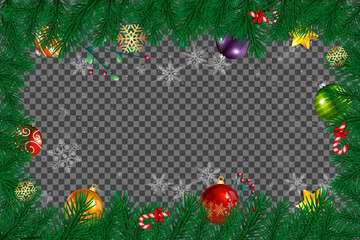 Frame of pine branches with colorful ornaments and snowflakes against a transparent backdrop