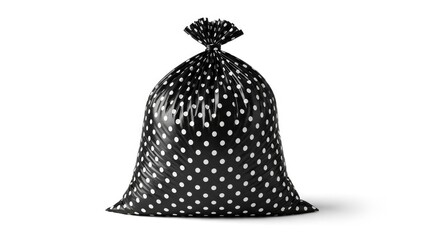 Black garbage bag with white polka dots, tied at the top, isolated on a white background.