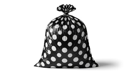 Stylish black garbage bag with white polka dots, tied at the top, standing upright and isolated on a clean white backgro...