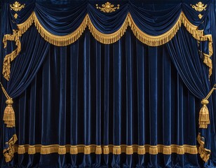 Ornate Blue Velvet Stage Curtains with Gold Trim