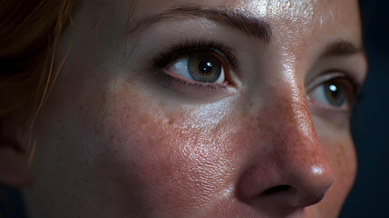 Close-up Portrait of a Woman's Face with Freckles and Hazel Eyes, Showing Skin Texture and Detail, Emphasizing Natural Beauty and Imperfections