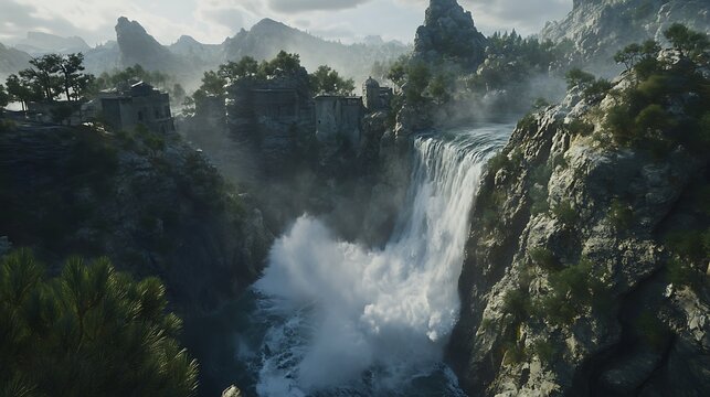 Powerful waterfall cascading down rocky cliffs amidst lush greenery, with ancient ruins and towering mountains in the background, creating a majestic scene