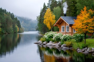 Obraz premium Wooden cabin by lake with smoke chimney during autumn