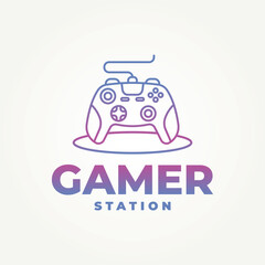 minimalist gamer station with joystick line art icon logo vector illustration design. simple modern gaming area, game shop, tech logo concept