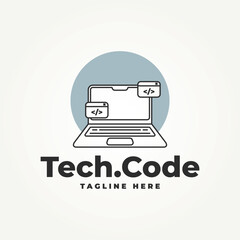 minimalist laptop with code line art icon logo vector illustration design. simple modern programming, development, software engineering, or coding logo concept