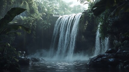 Lush jungle waterfall cascading into a serene pool, surrounded by vibrant greenery and dappled sunlight, creating a tranquil and inviting scene