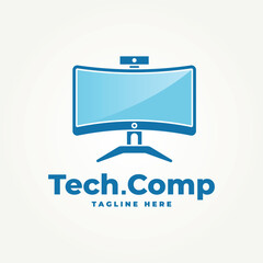 minimalist tech computer with monitor flat icon logo vector illustration design. simple modern computer, internet, tech shop logo concept