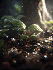 Emerging Seedling in Dark Soil with Water Droplets, Symbolizing New Life, Growth, and Hope for the Future in a Natural Environment