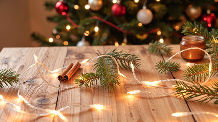 Rustic Christmas Table with Pine Branches, Cinnamon, and String Lights in Front of Decorated Tree