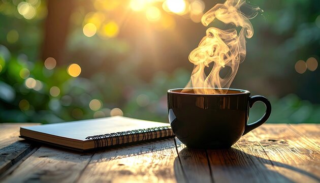Cozy Morning Scene with Steaming Coffee Mug and Open Notebook on Rustic Wooden Table in Soft Backlight