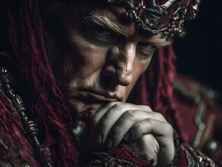 Intense Portrait of a Medieval King with Crown and Red Robes, Deep in Thought, Dramatic Lighting, Fantasy Character, Historical Figure, Close Up