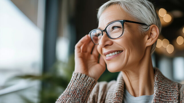 Senior woman wearing brand new prescription eyeglasses feeling excited happy and emotional to see clearly and sharply after successful eye surgery and vision correction at modern