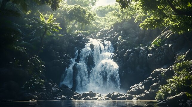 Lush tropical waterfall cascading into a serene pool, surrounded by vibrant green foliage and sunlight filtering through the dense rainforest canopy - Powered by Adobe