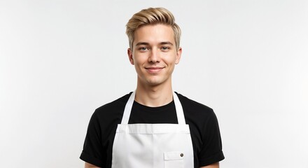 Young man smiling in a white apron against a neutral background. Copy space