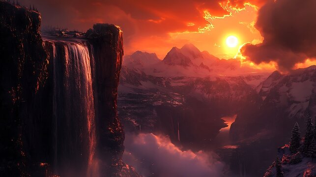 A majestic waterfall cascading down a rocky cliff face, with snowcapped mountains in the background and a vibrant sunset creating a warm glow