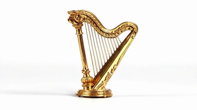 A golden harp figurine on a white background.